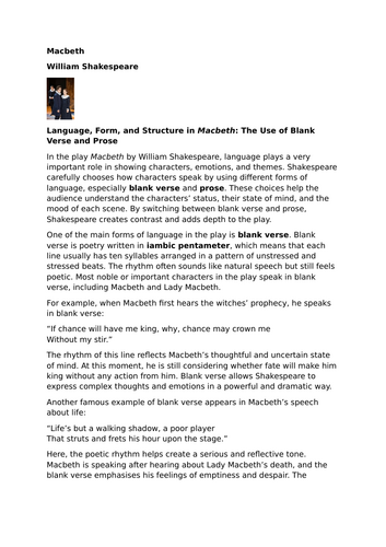 Macbeth – William Shakespeare – Use of blank verse and prose