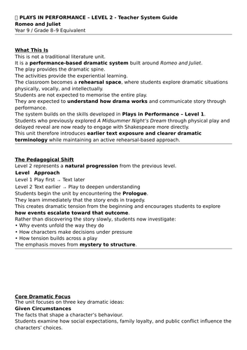 Romeo and Juliet Drama Unit – KS3 Performance SOW (12 Lessons) Plays in Performance – Level 2