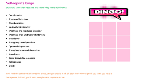 A-Level Psychology fun activity - Bingo activity - Retrieval - Quiz
