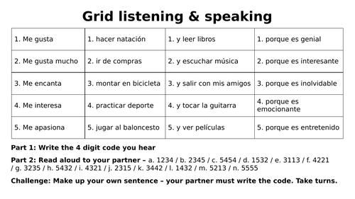 Grid listening & speaking template