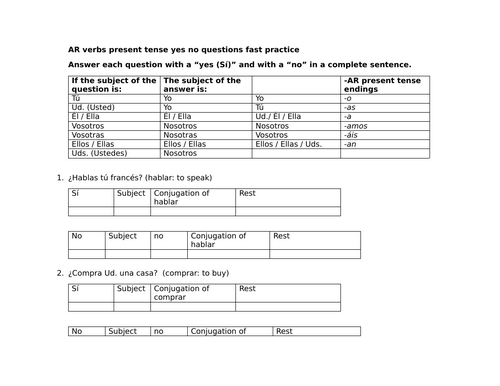 AR verbs present tense yes no questions fast practice