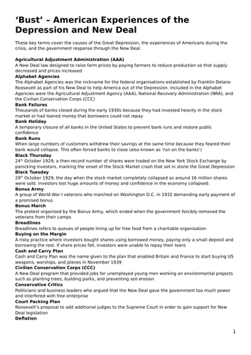 'Bust' - American Experiences of the Depression and New Deal Glossary (AQA GCSE History - 1920-1973,