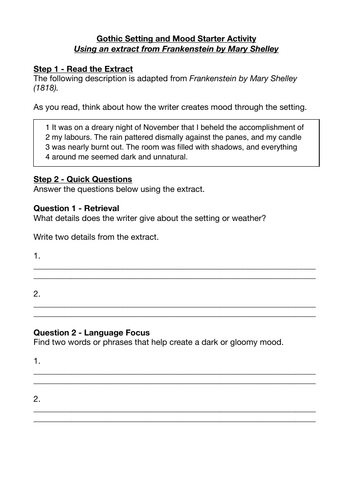 GCSE English Setting and Mood Starter – Frankenstein Extract (Free 10-Minute Activity)