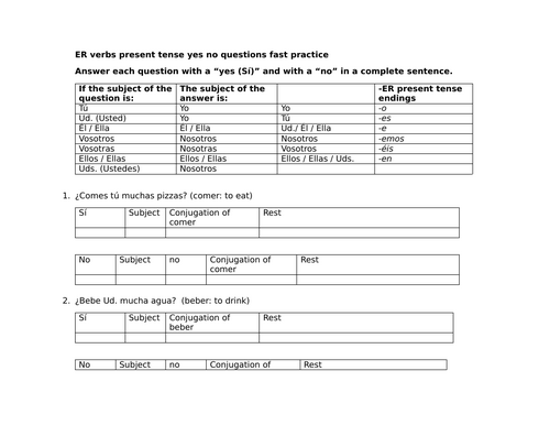 ER verbs present tense yes no questions fast practice