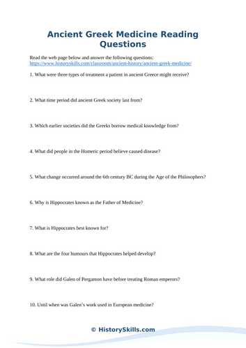 Ancient Greek Medicine Reading Comprehension Worksheet