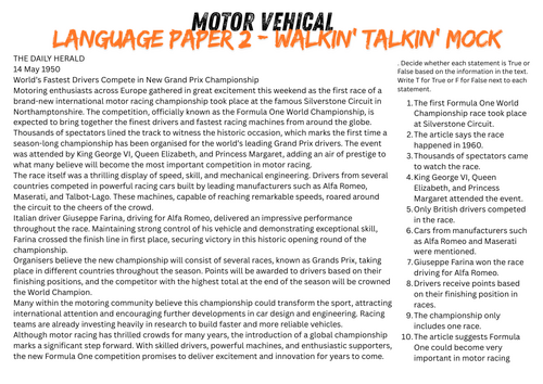 AQA English Language Paper 2 Mock: The Evolution of Formula One (1950 vs 2026)