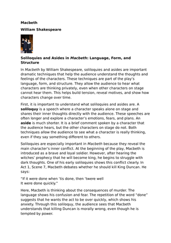 Macbeth – William Shakespeare – Soliloquies and Asides