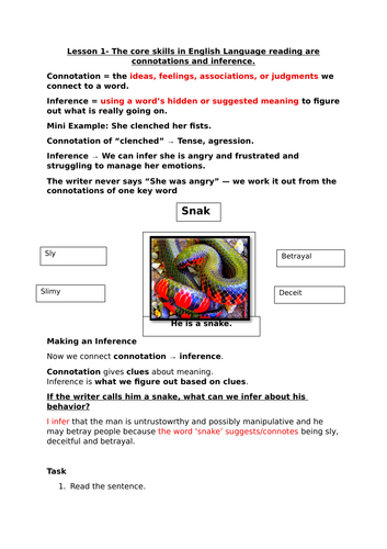 Exploring connotations and inference 3-4 lessons work pack- Paper 2 Q2