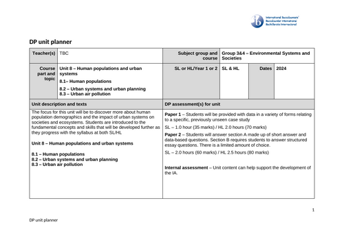 Environmental Systems and Societies (ESS) Unit Plan – Unit 8 Human populations & urban systems