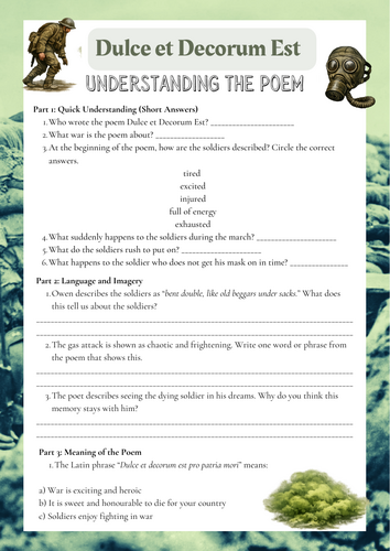 Dulce et Decorum Est Worksheet - Understanding the Poem