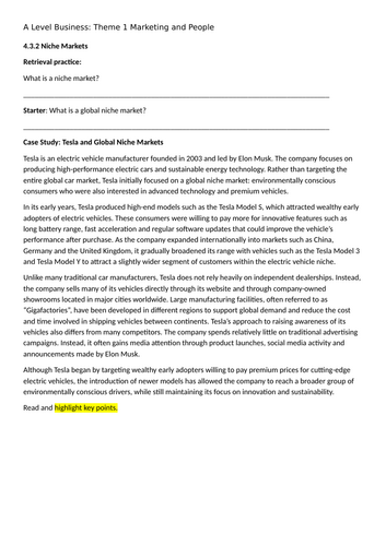 A level Business Theme 4: 4.3.2 Niche Markets
