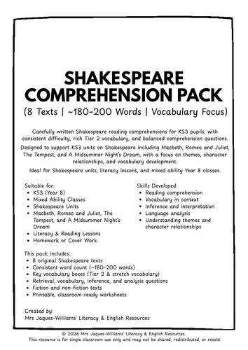 KS3 Shakespeare Reading Comprehension Pack – 8 Texts (Macbeth, Romeo & Juliet, Tempest)