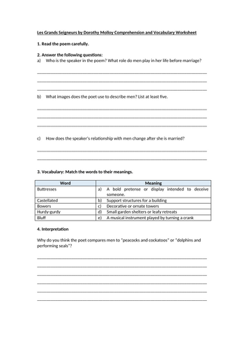 Les Grands Seigneurs Comprehension Worksheet