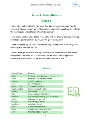 Healthy Lifestyle: Staying Hydrated – ESL Reading, Vocabulary and Grammar Activities (A2–B1)