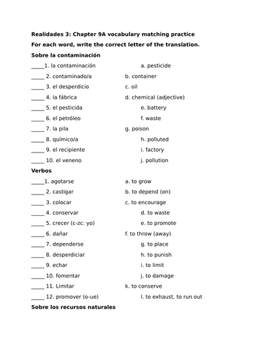 Realidades 3: Chapter 9A vocabulary matching practice