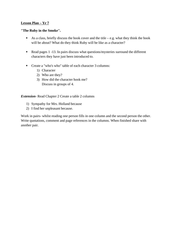 The Ruby in the Smoke - Lesson  - Year 7 (suggested)