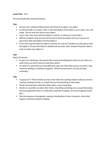 Descriptive Writing Lesson - Year 7 (suggested)