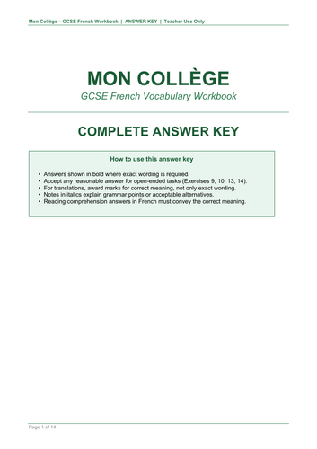 GCSE French Vocabulary Workbook - MON COLLÈGE | My School | Subjects | Opinions