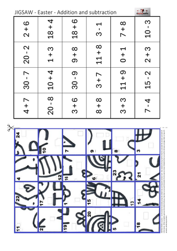 JIGSAW - Easter theme - addition and subtraction one and two digit numbers