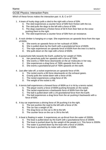 Worksheet - Interaction Pairs Multiple Choice
