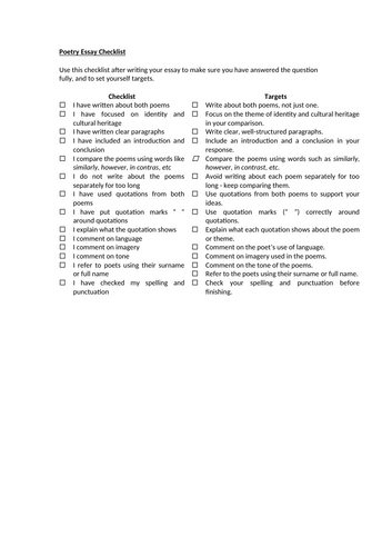 Poetry Essay Checklist With Targets