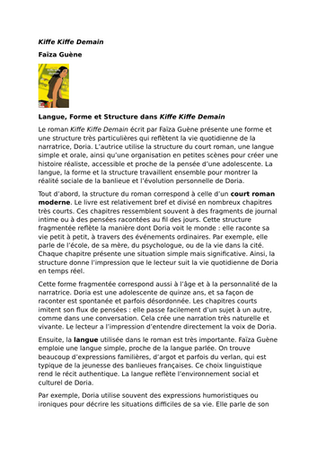 Kiffe Kiffe Demain – Faïza Guène - Short novel structure