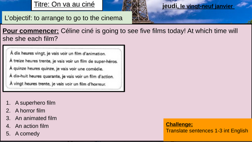 Year 8 French | On va au ciné | Free Time Activities| Near future tense