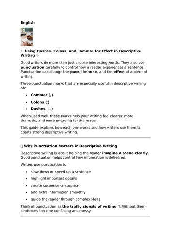 Using Dashes, Colons, and Commas for Effect in Descriptive Writing