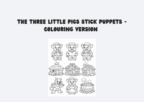 The three little pigs stick puppets - Colouring Version