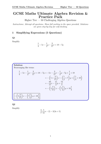 GCSE Maths Ultimate Algebra Revision & Practice Pack Higher Tier — 50 Challenging Algebra Questions