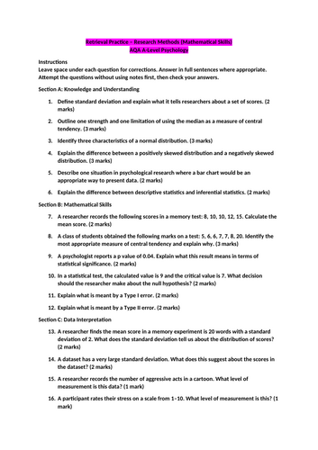 Retrieval Practice – Research Methods (Mathematical Skills) WITH ANSWERS - A Level Psychology
