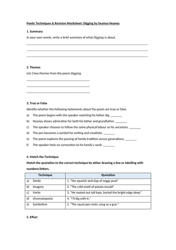 Digging by Seamus Heaney Worksheet
