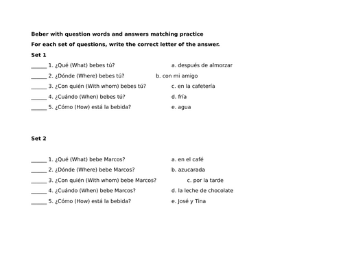 Beber with question words and answers matching practice
