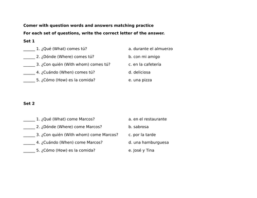 Comer with question words and answers matching practice