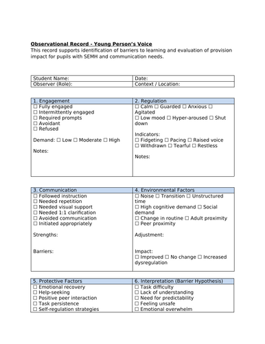Observational Record- SEMH, Communication Needs