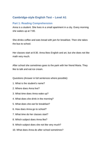 Cambridge Level A1 English Practice Test
