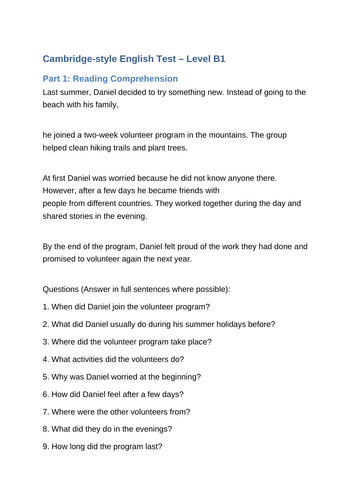 Cambridge Level B1 English Practice Test