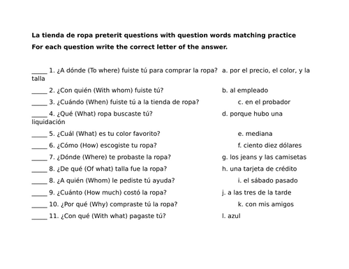 La tienda de ropa preterit questions with question words matching practice