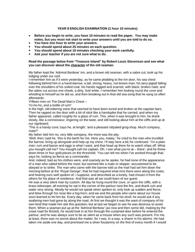 Treasure Island English Exam - Aimed at 13yr olds