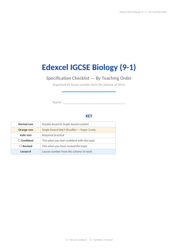 IGCSE Edexcel 9-1 Science Revision Checklist for Pearson Active Teach Lesson by Lesson