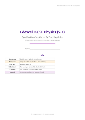 iGCSE Edexcel Biology, Chemistry and Physics Revision Checklist - Lesson by Lesson