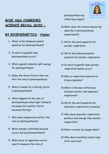 GCSE Biology B4 Bioenergetics Retrieval Practice – 30 Higher Tier Questions with Answers | AQA