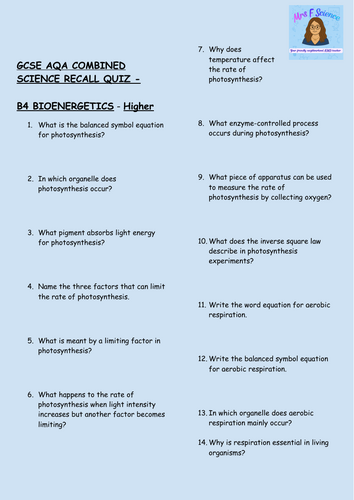 GCSE Biology B4 Bioenergetics Retrieval Practice – 30 Higher Tier Questions with Answers | AQA