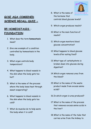GCSE Biology B5 Homeostasis Retrieval Practice – 30 Foundation Tier Questions | AQA