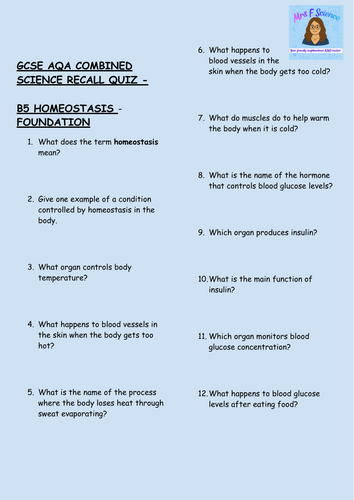 GCSE Biology B5 Homeostasis Retrieval Practice – 30 Foundation Tier Questions | AQA