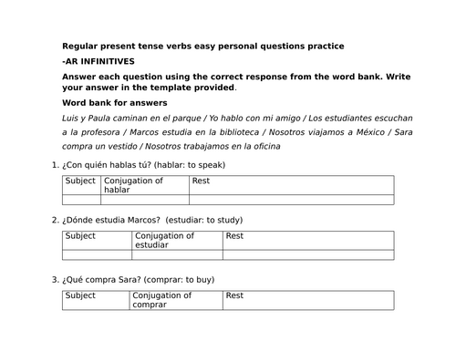 Regular present tense verbs easy personal questions practice