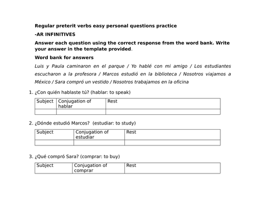 Regular preterit verbs easy personal questions practice
