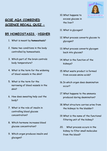 GCSE Biology B5 Homeostasis Retrieval Practice – 30 Higher Tier Questions | AQA