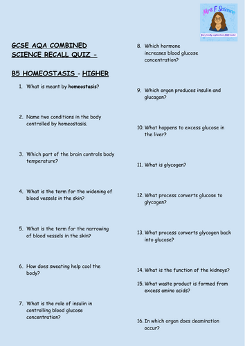 GCSE Biology B5 Homeostasis Retrieval Practice – 30 Higher Tier Questions | AQA