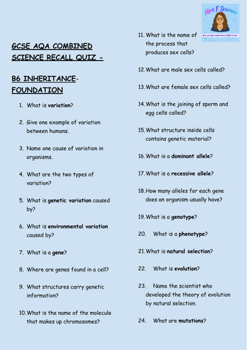 GCSE Biology B6 Inheritance, Variation & Evolution – 30 Foundation Tier Retrieval Questions | AQA
